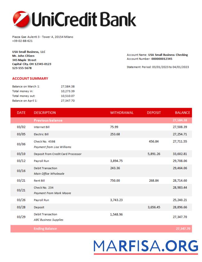 Printable Unicredit Bank corporate statement Word and PDF template